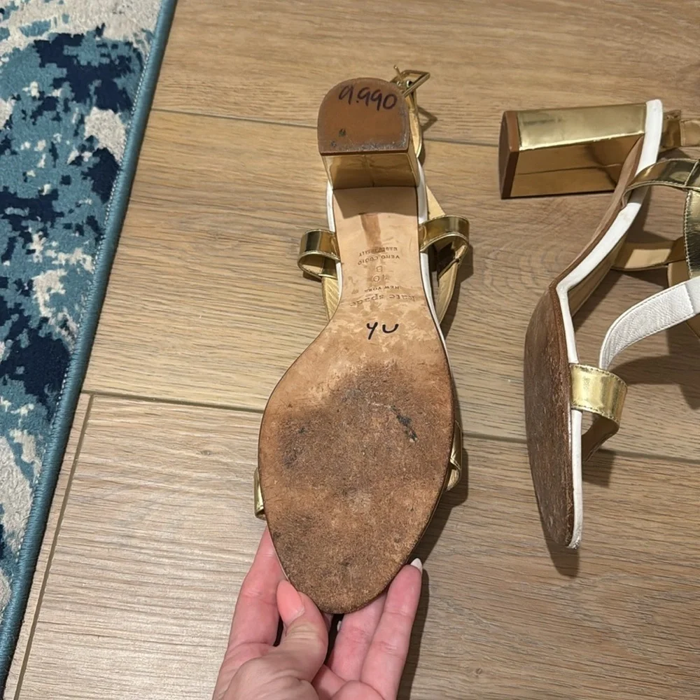 KATE SPADE NY White/Gold Chunky Block Heel Sandals Size 10